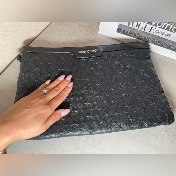 Jimmy Choo Oversized Derek Clutch Wrislet Black Leather Studded Star Bag - Picture 3 of 17